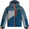 Blaue Skijacke mit orangefarbenen Reißverschlüssen und Muster