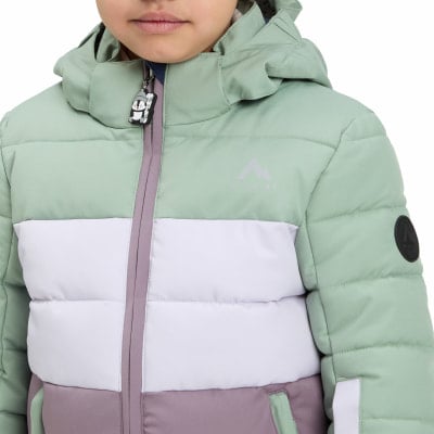 Kinder-Winterjacke mit Kapuze, Farbblockdesign und Pinguin-Anhänger. Kinder-Winterjacke mit Kapuze, Farbblockdesign und Pinguin-Anhänger.