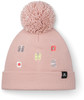 Eine rosa Mütze mit Bommel und gestickten Schmetterlingen und Blumen.