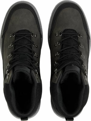 Draufsicht auf ein Paar dunkler Wanderschuhe mit schwarzen Schnürsenkeln. Draufsicht auf ein Paar dunkler Wanderschuhe mit schwarzen Schnürsenkeln.
