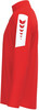 Rote Jacke mit weißem Streifen und Logo am Ärmel.