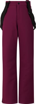 Lila Skihose mit schwarzen Hosenträgern und Knopfverschluss. Lila Skihose mit schwarzen Hosenträgern und Knopfverschluss.