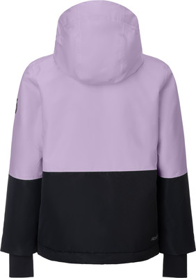 Rückansicht einer lila und schwarzen Winterjacke mit Kapuze.