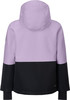 Rückansicht einer lila und schwarzen Winterjacke mit Kapuze.