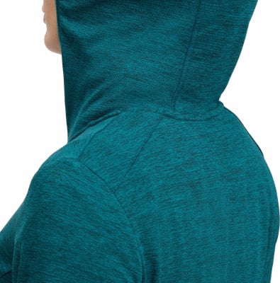 Detail der Kapuze eines teal melierten Hoodies. Detail der Kapuze eines teal melierten Hoodies.