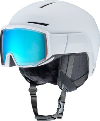 Weißer Skihelm mit integrierter blauer Skibrille und Riemen.