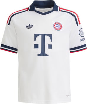 Weißes Fußballtrikot des FC Bayern München mit dunkelblauem Logo und Streifen.