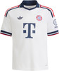 Weißes Fußballtrikot des FC Bayern München mit dunkelblauem Logo und Streifen.