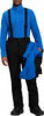 Ein Mann im blauen Hemd mit Hosenträgern und schwarzer Hose hält ein blaues T-Shirt. Ein Mann im blauen Hemd mit Hosenträgern und schwarzer Hose hält ein blaues T-Shirt.