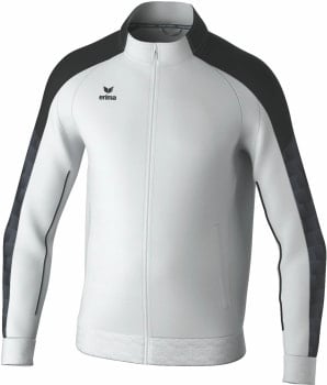 Weiße Jacke mit schwarzen Ärmeln und Erima-Logo auf der Brust.