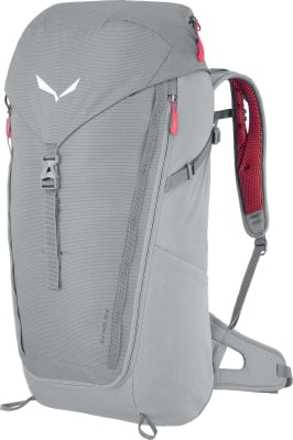 Grauer Wanderrucksack mit roten Akzenten und Salewa-Logo.