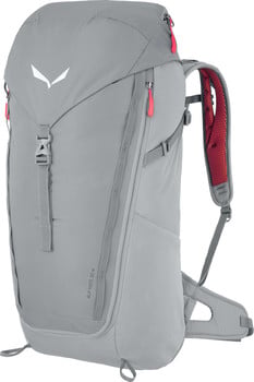 Grauer Wanderrucksack mit roten Akzenten und Salewa-Logo.