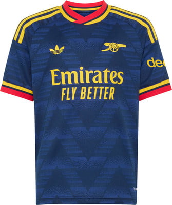 Blaues Arsenal-Fußballtrikot mit gelben Streifen und Logos. Blaues Arsenal-Fußballtrikot mit gelben Streifen und Logos.