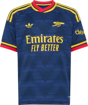 Blaues Arsenal-Fußballtrikot mit gelben Streifen und Logos.