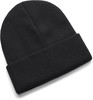 Eine schwarze Strickmütze mit umgeschlagener Krempe.