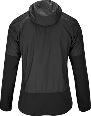 Rückansicht einer schwarzen Kapuzenjacke aus verschiedenen Materialien. Rückansicht einer schwarzen Kapuzenjacke aus verschiedenen Materialien.