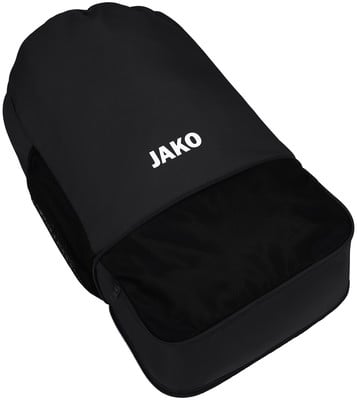 Schwarze Schuhtasche mit weißem JAKO-Logo und atmungsaktivem Mesh. Schwarze Schuhtasche mit weißem JAKO-Logo und atmungsaktivem Mesh.
