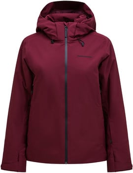 Burgunderrote Peak Performance Herren-Skijacke mit Kapuze und schwarzem Reißverschluss.