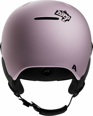 Ein rosafarbener Skihelm mit ZUPPO 2 Logo und verstellbarem Riemen.
