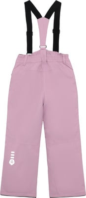 Rosa Skihose mit schwarzen Hosenträgern und reflektierendem Detail. Rosa Skihose mit schwarzen Hosenträgern und reflektierendem Detail.