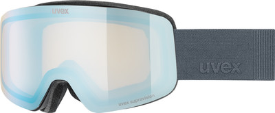 UVEX Skibrille mit blau-goldenem Spiegellinsen und grauem Band.