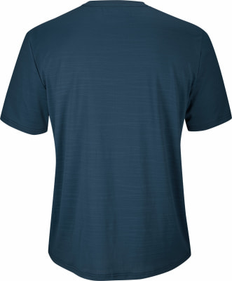 Rückseite eines dunkelblauen kurzärmeligen T-Shirts mit feinem Muster.