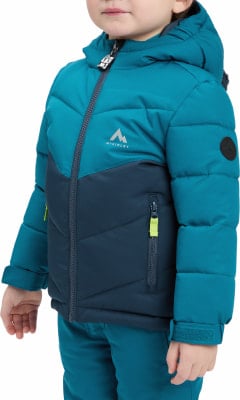 Kinder-Winterjacke von McKinley in Dunkelblau und Türkis mit Logo. Kinder-Winterjacke von McKinley in Dunkelblau und Türkis mit Logo.