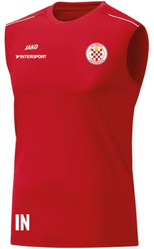 Rotes ärmelloses T-Shirt mit Logo und IN-Schriftzug.