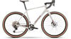Graues RAYMON Gravelbike mit braunen Reifen und schwarzen Komponenten.