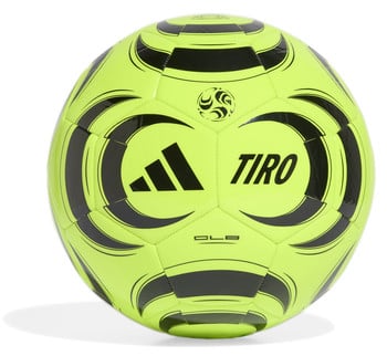 Fényes sárga Adidas focilabda fekete csíkokkal és logóval.