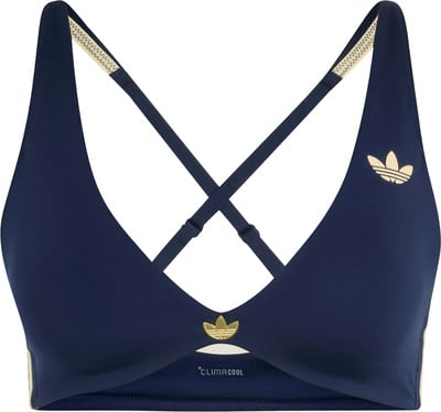 Dunkelblauer Adidas Sport-BH mit Logo und goldenen Details. Dunkelblauer Adidas Sport-BH mit Logo und goldenen Details.