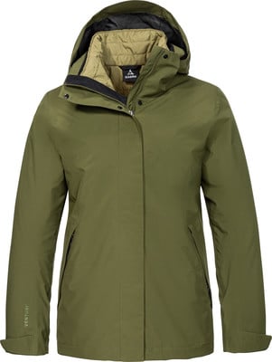 Grüne Damenjacke mit Kapuze und Schöffel-Logo. Grüne Damenjacke mit Kapuze und Schöffel-Logo.