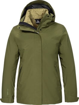 Grüne Damenjacke mit Kapuze und Schöffel-Logo.