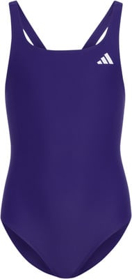 Violette Adidas-Badeanzug mit weißem Logo und gekreuzten Trägern. Violette Adidas-Badeanzug mit weißem Logo und gekreuzten Trägern.