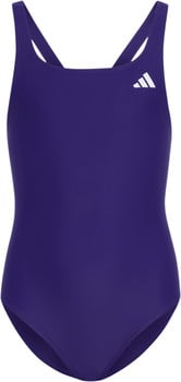 Violette Adidas-Badeanzug mit weißem Logo und gekreuzten Trägern.
