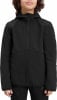 Schwarze Jungen-Softshelljacke mit Kapuze und Reißverschluss.