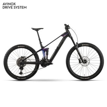 Schwarzes Fullsuspension-Mountainbike mit RAYMON-Schriftzug und AVINOX-Logo.