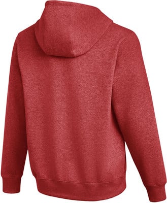 Rückansicht eines roten Hoodies mit dezentem Melange-Muster.