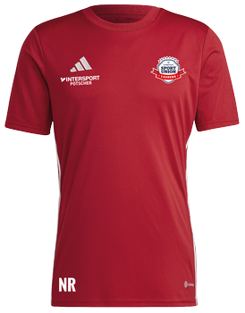 Rotes Adidas-T-Shirt mit Intersport- und Sport Union Lasberg-Logo, mit NR-Aufschrift.