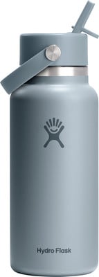 Graue Hydro Flask Flasche mit Griff und Strohhalm, Logo.