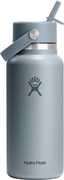 Graue Hydro Flask Flasche mit Griff und Strohhalm, Logo.