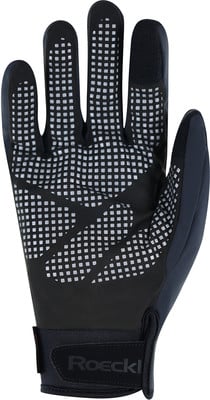 Schwarze Handschuhe mit weißen Quadraten und Roeckl-Logo am Handgelenk. Schwarze Handschuhe mit weißen Quadraten und Roeckl-Logo am Handgelenk.