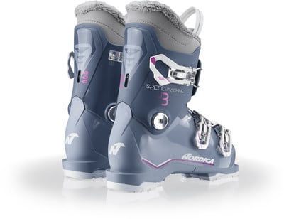 Nordica Speedmachine J3 Skischuhe für Damen in Grau mit rosa Details. Nordica Speedmachine J3 Skischuhe für Damen in Grau mit rosa Details.