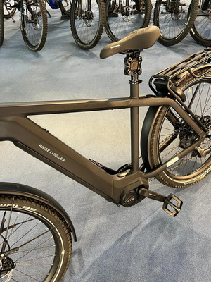 Schwarze E-Bikes mit Schutzblechen und Gepäckträgern auf blauem Teppich.
