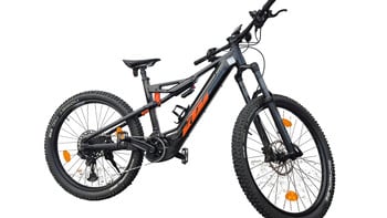 Schwarzes KTM E-Bike mit orangefarbenen Akzenten und Federung an beiden Rädern.