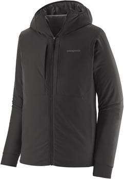 Herren-Daunenjacke von Patagonia in Schwarz mit Reißverschluss und Kapuze.