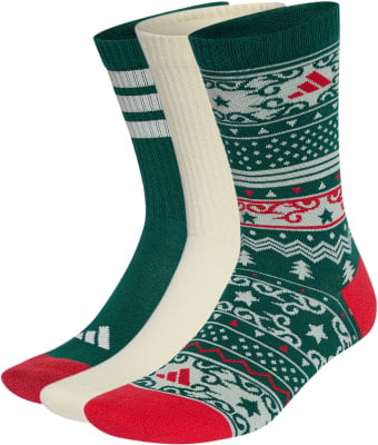 Drei Paar Adidas Weihnachtssocken in Dunkelgrün, Creme und Muster. Drei Paar Adidas Weihnachtssocken in Dunkelgrün, Creme und Muster.