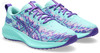 Blaue Laufschuhe mit lila und rosa Details und Asics-Logo.