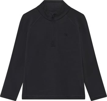 Schwarzer Pullover mit langen Ärmeln und Reißverschluss am Kragen.