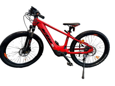 Rotes E-Mountainbike mit Federung und Scheibenbremsen.